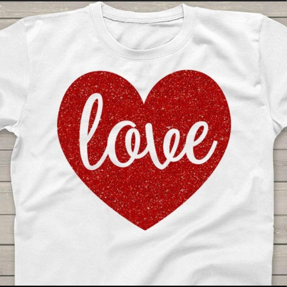 “love” white custom t-shirt with red glitter heart